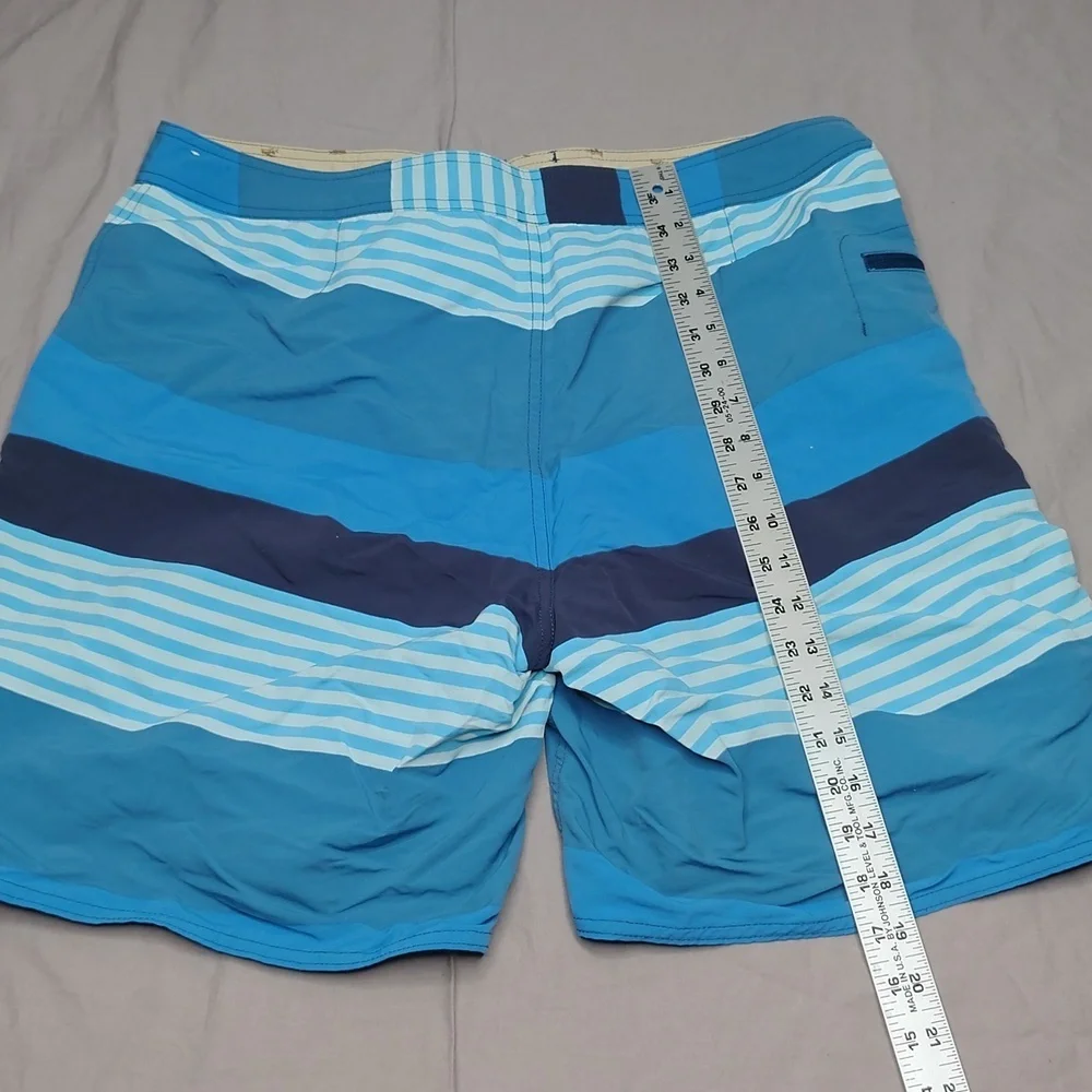 Patagonia Wave Tag Shorts Size 36 Blue Striped‎ Wavefarer Swim Trunks